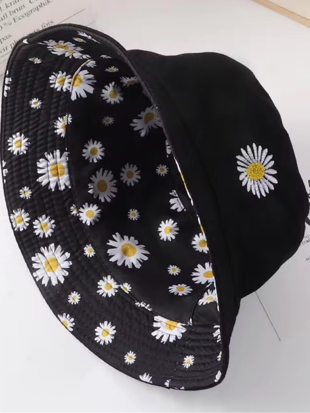 Daisy Print Black Bucket Hat (Small/Medium) - Picture 2 of 6